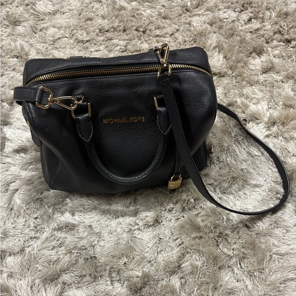 Michael Kors Black Leather Satchel with Gold Hardware